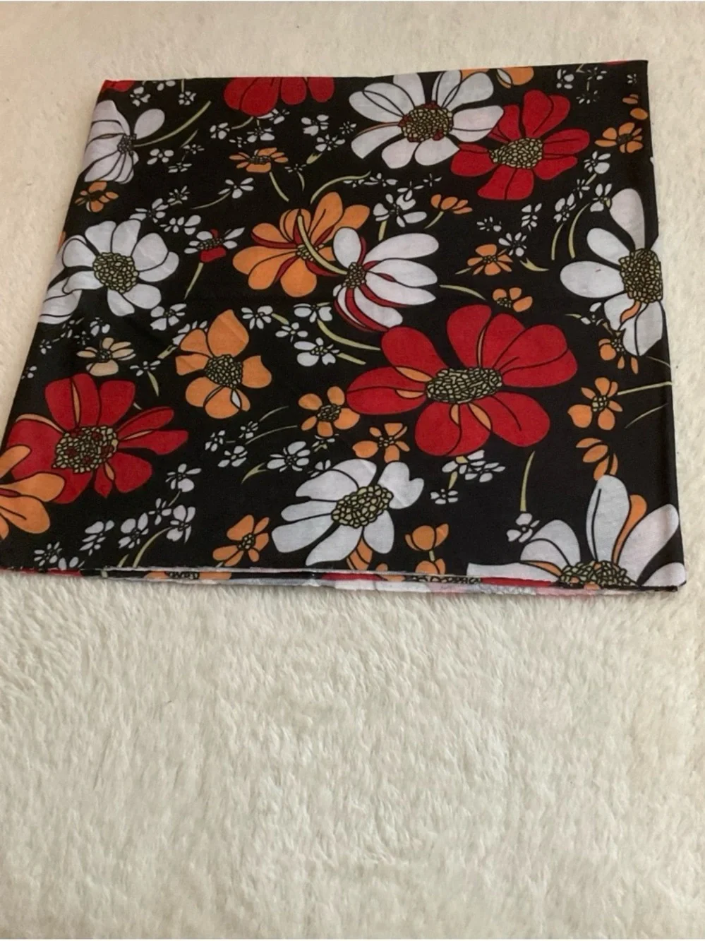 Floral Print Black Scarf with Red & White Blooms